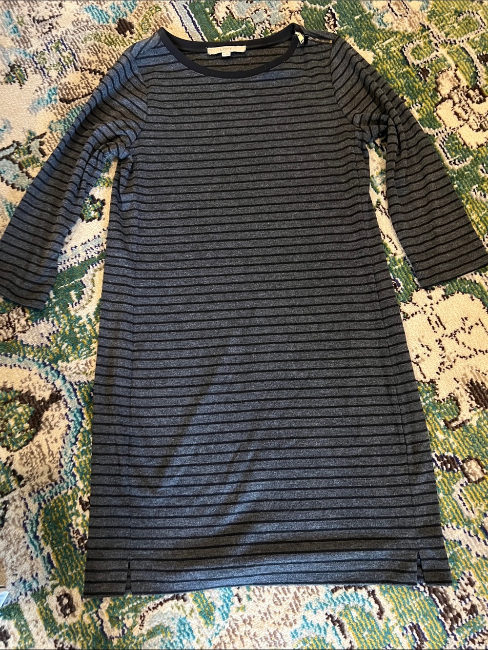 LOFT Black and Gray Striped Midi Boatneck Dress